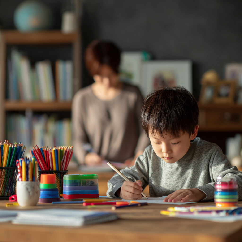 아이와 색연필로 작업하는 장면