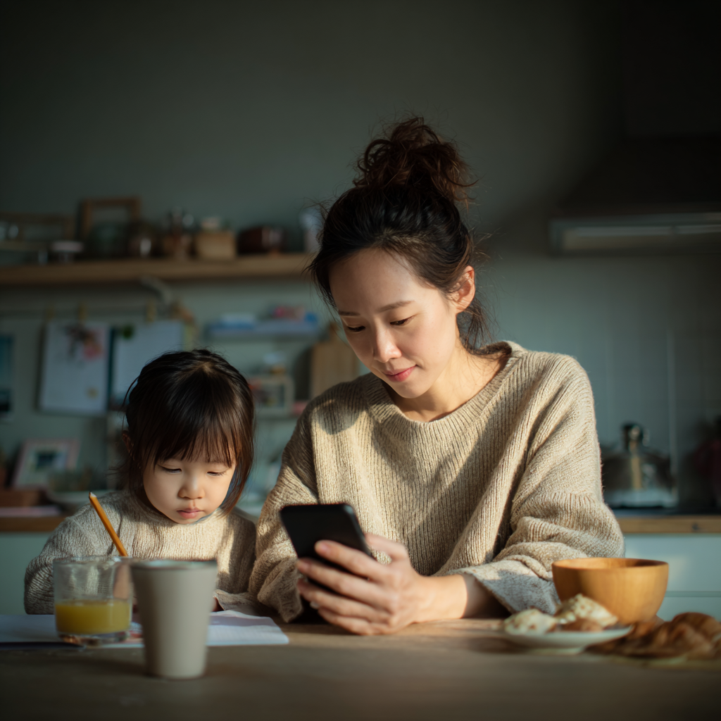 모자가 스마트폰을 확인하는 모습